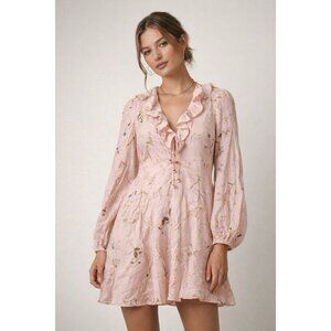 H&M Pink Floral Ruffle Mini Dress Women’s Medium Long Sleeve Tie Neck Boho